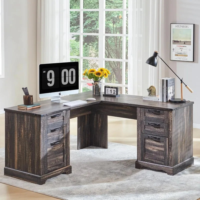 

60" Farmhouse L Shaped Executive Desk with Drawers, Wood Home Office Corner Desk with Charging Station, (Dark Rustic Oak)