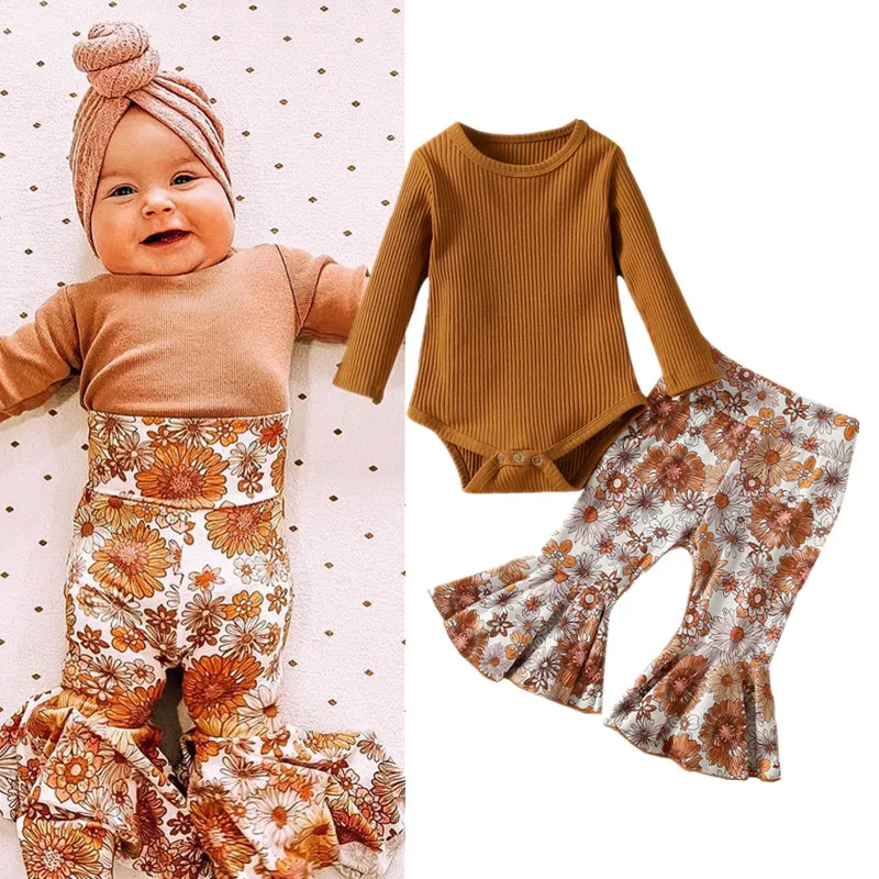 2022-07-08 Lioraitiin 0-24M Infant Girl Autumn 2Pcs Suit Solid Ribbed Long Sleeve Romper Floral Print Flared Trousers