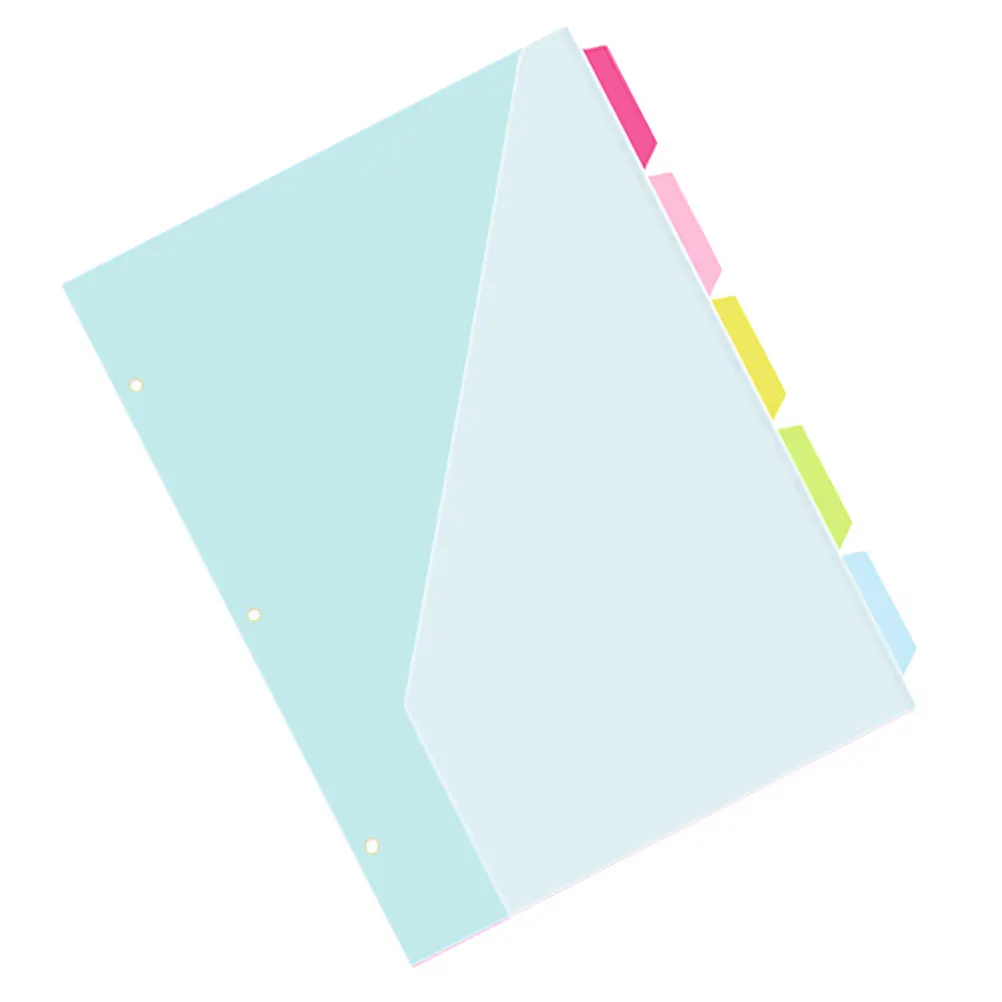 5pcs Plastic Binder Tabs Clear A4 Size Folder With Pockets Three-Hole Index Pages Binder Dividers With Tabs Pockets Pastel