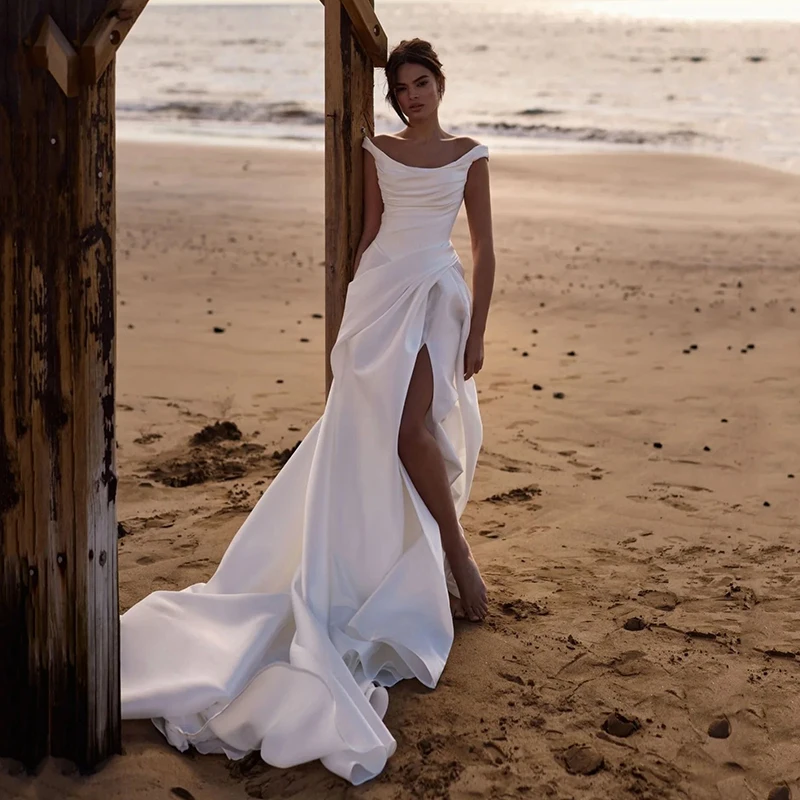 فساتين زفاف Eightree بسيطة من الساتان على شكل حرف a قبالة الكتف بفتحة جانبية فستان الزفاف للنساء فساتين حفلات الزفاف المسائية حسب الطلب