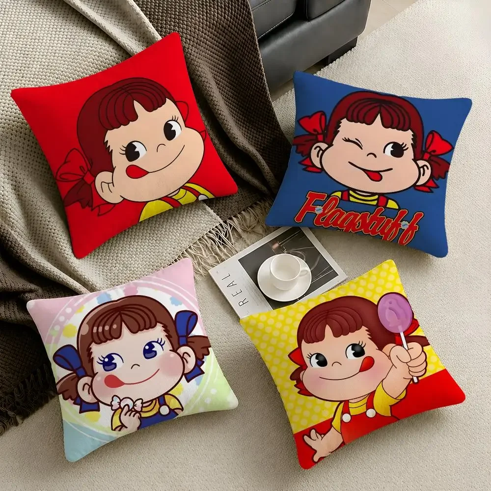 Candy Fujiya Peko Chan Kawaii Cushion Cover  Throw Pillow Soft Short Plush Cozy Durable Colorfast  Sofa Bedroom Home Decor Gift