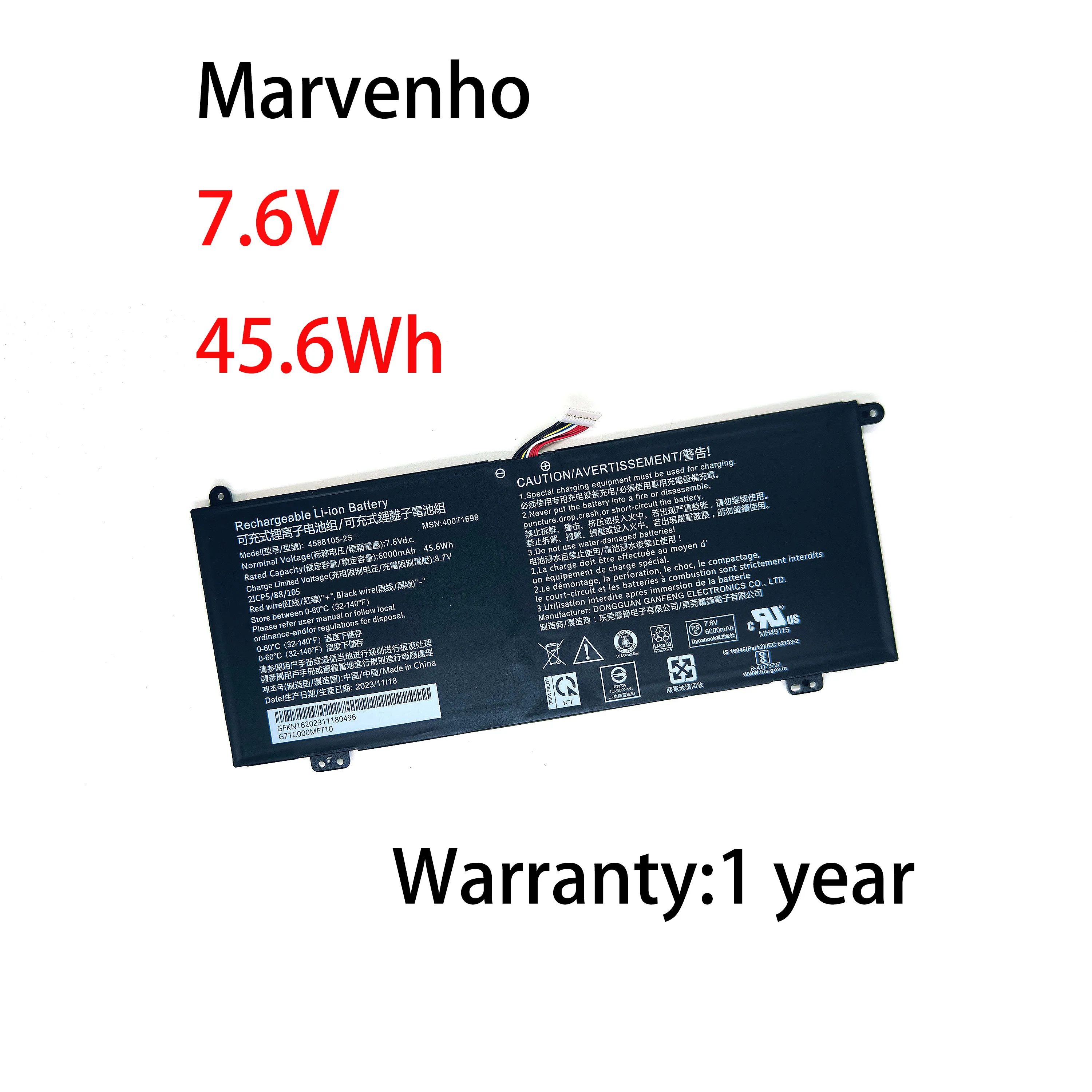

Marvenho New 7.6V 6000mah 45.6wh 4588105-2S 40072215 Laptop Battery For Dynabook Satellite Pro C50D-B-115
