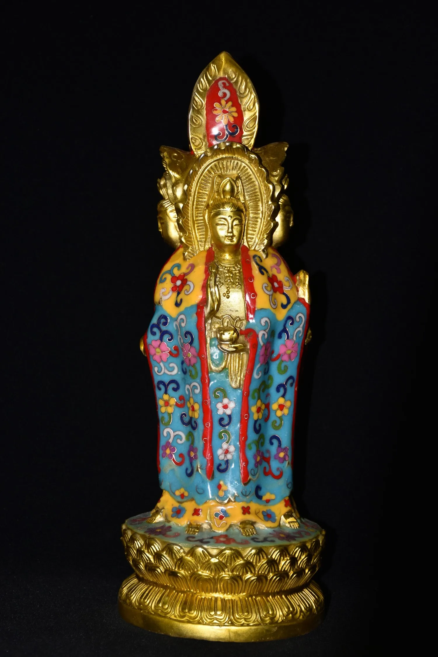 

16"Tibetan Temple Collection Old Bronze Cloisonne Enamel Four sided Guanyin Bodhisattva standing Buddha Worship Hall Town house