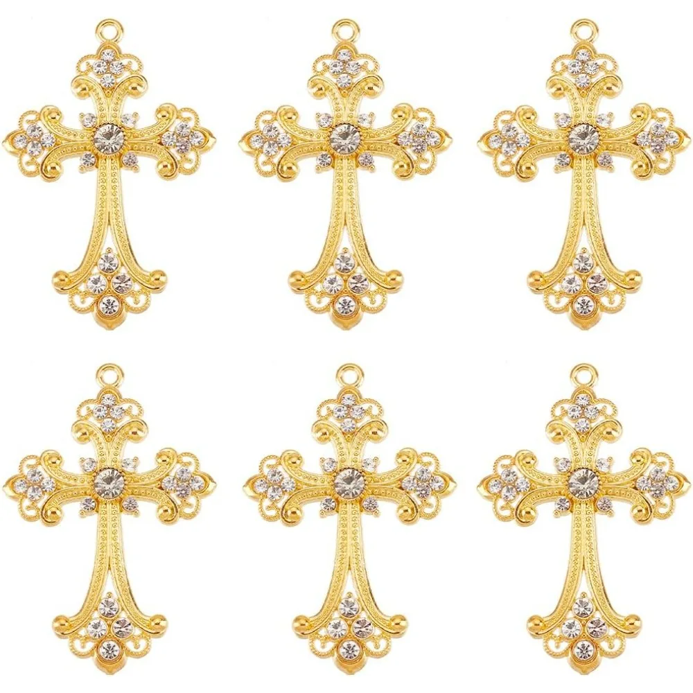 1 Box 10Pcs Gold Cross Charms Bulk Easter Holiday Big Gothic Cross Charm Gold Rosary Mini Alloy Rhinestone Crystal Center