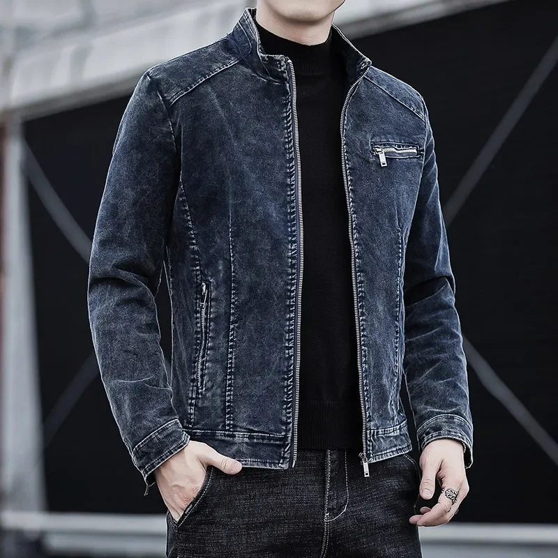 Men's Vintage Stand Collar Denim Jacket Casual FASHION Motorcycle Coat MEN Slim Zipper Warm Jean Jacket
