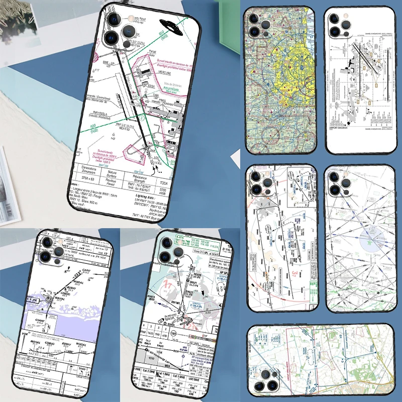 Aviation Chart AccessoriesAirport Phone Case For iPhone 16 15 14 Pro Max 11 12 Pro 13 Pro Max XS Max XR X Plus Back Cover