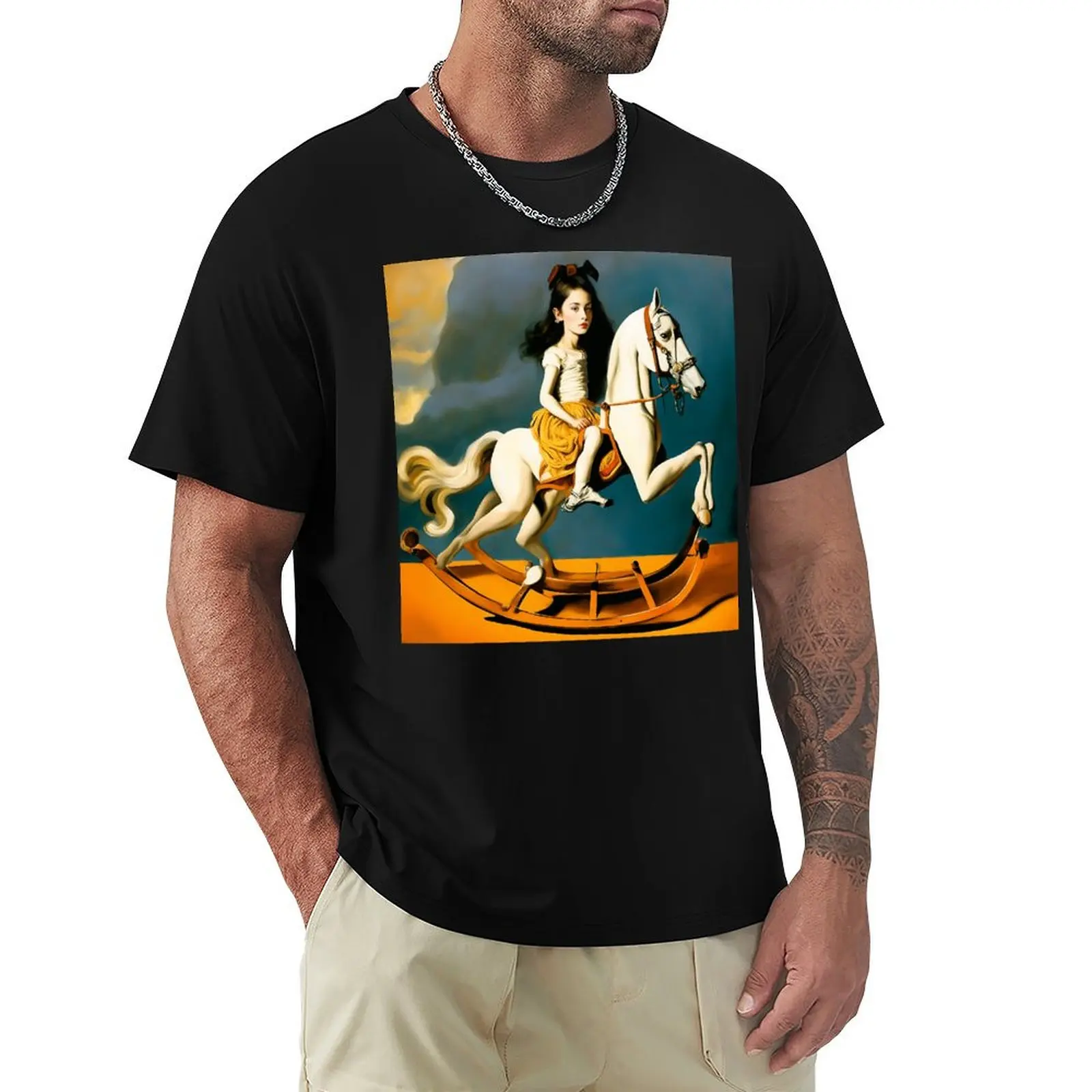 A girl sitting on a toy horse. Surrealism. T-Shirt graphics sports fans fruit of the loom mens t shirts