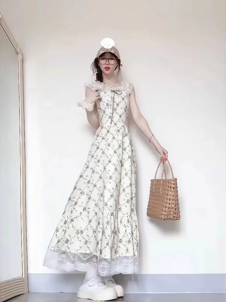 Romantic Lace Trim Floral Print Women's Dr A-Line Long Skirt Spring New Sle Country Fre Sle Waist-Cinching Design