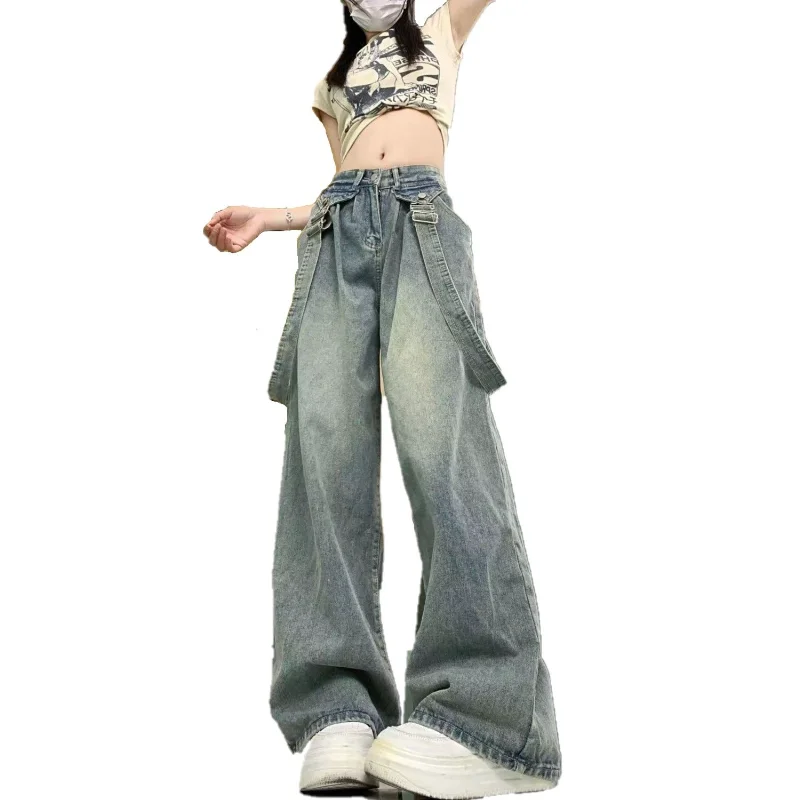 

American Retro Detachable Suspender Trousers Spring Autumn Wide Leg Female Clothing Denim Pants High Waist Button Loose Jeans
