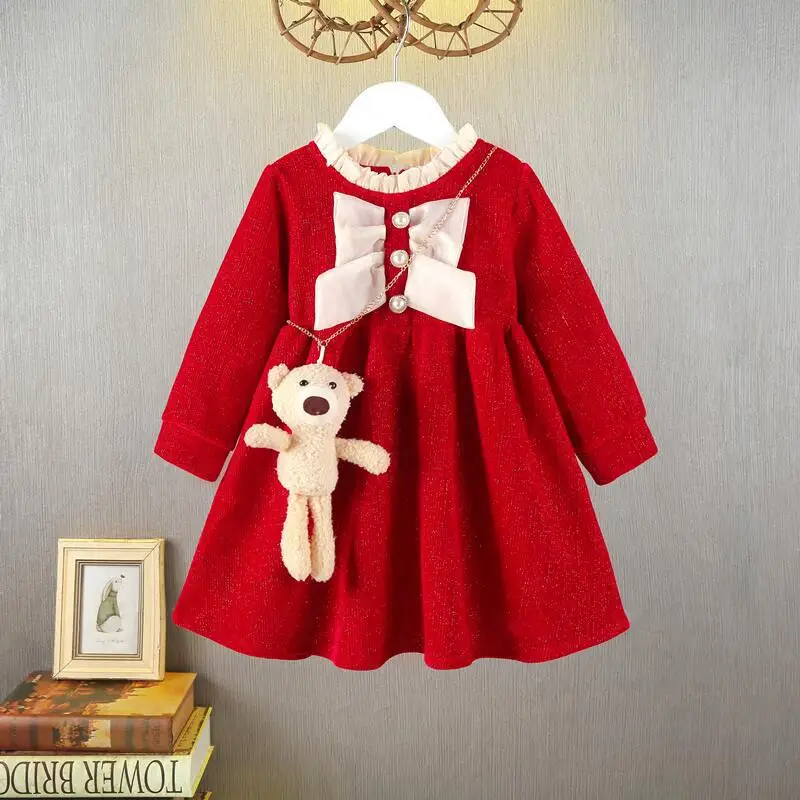 

Girls' Dress Autumn Winter Fleece Stylish Princess Dress Baby Red Chenille New Year Dress