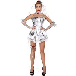 Halloween Ghost Zombie Girl Costume Scary Zombie Outsuit Vampire Bride Cosplay Dresses White Squre Collar Flare Sleeve Vestidos