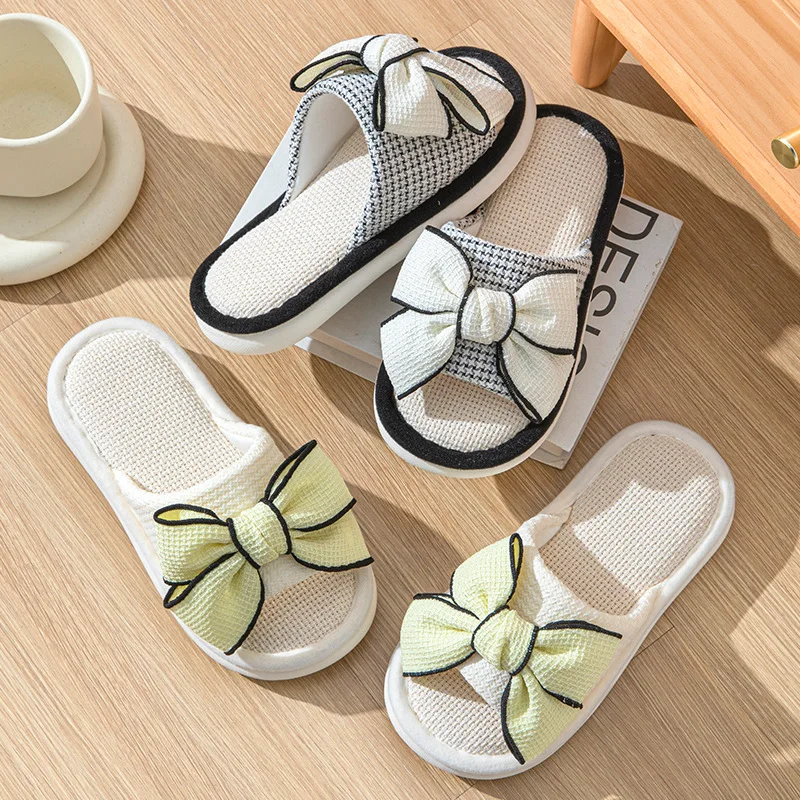 Wholesale European and American Thick Soled Home Cotton Linen Slippers for Women New Bow Linen Slippers Indoor Cool Slippers