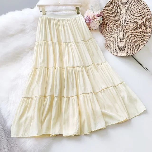 

Summer Cotton Linen Skirt Literary Black White Long High Waist Casual A- Line for Women Pleated Korean Fashion Clothing