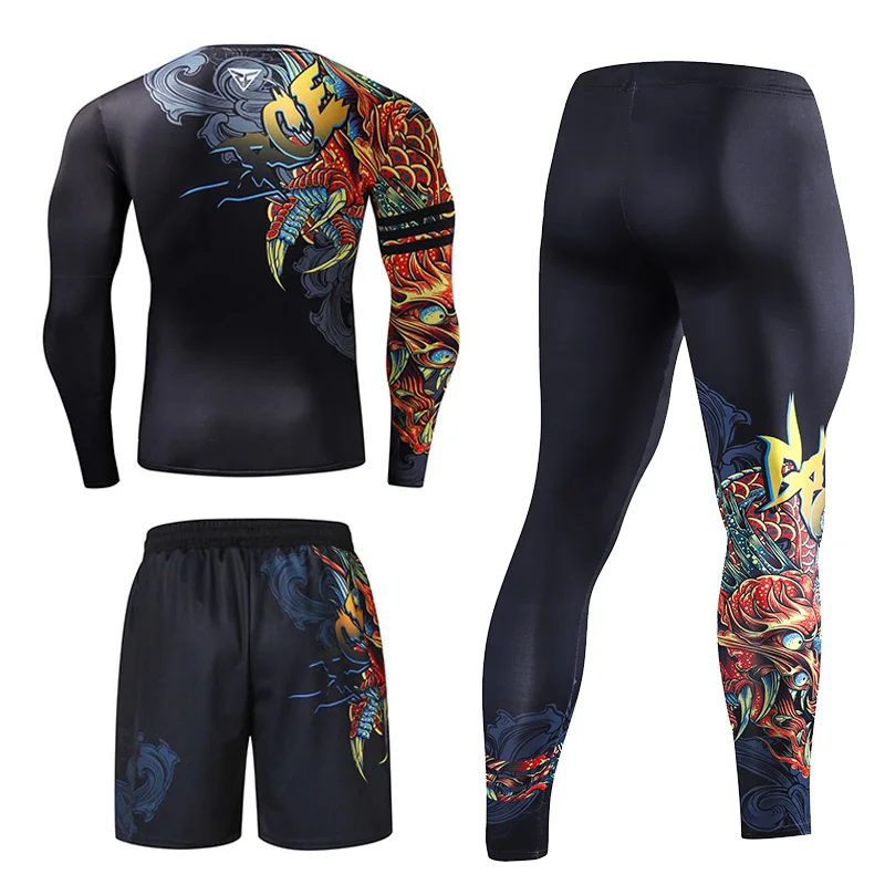 Chinese Style Men 3Piece Outfit Set Printe Gym Fitness Sports 3 in 1 Suit Running Jogging Sport Wear Exercise Workout Set