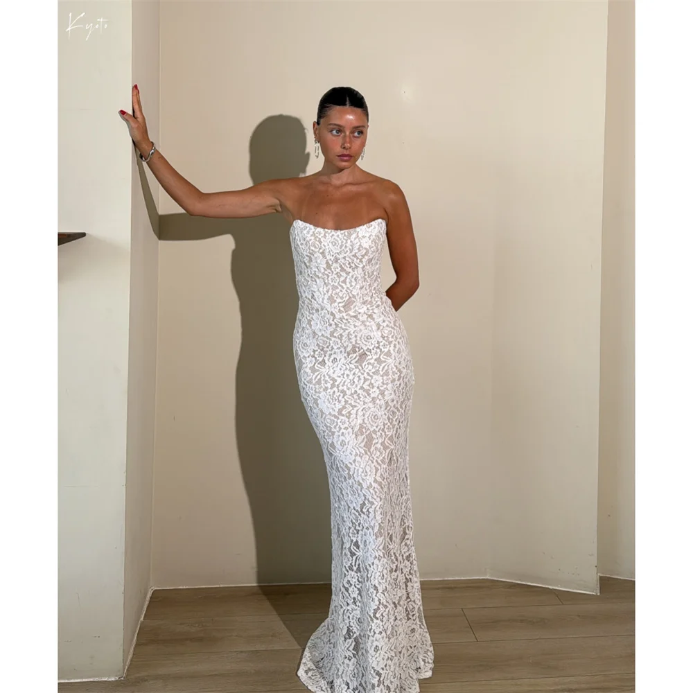 Suknia ślubna w stylu syreny, bez ramiączek, z białej koronki, szyta na miarę w Kiotoku, elegancka, bez rękawów, vestidos de noche, długa do podłogi, formalna suknia wieczorowa.