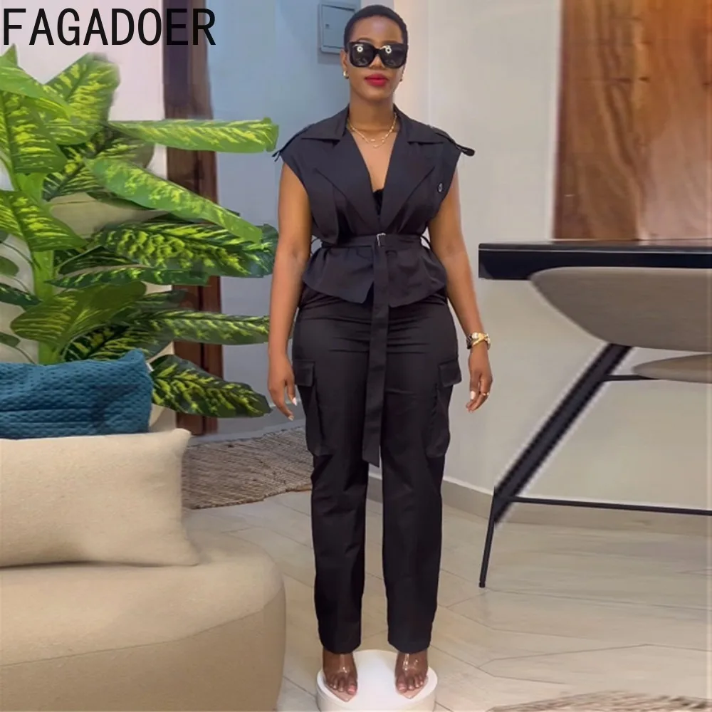 FAGADOER Elegant Office Lady Lace Up Two Piece Sets Women Turndown Collar Sleeveless Top+Cargo Pants Outfits Fashion Streetwear