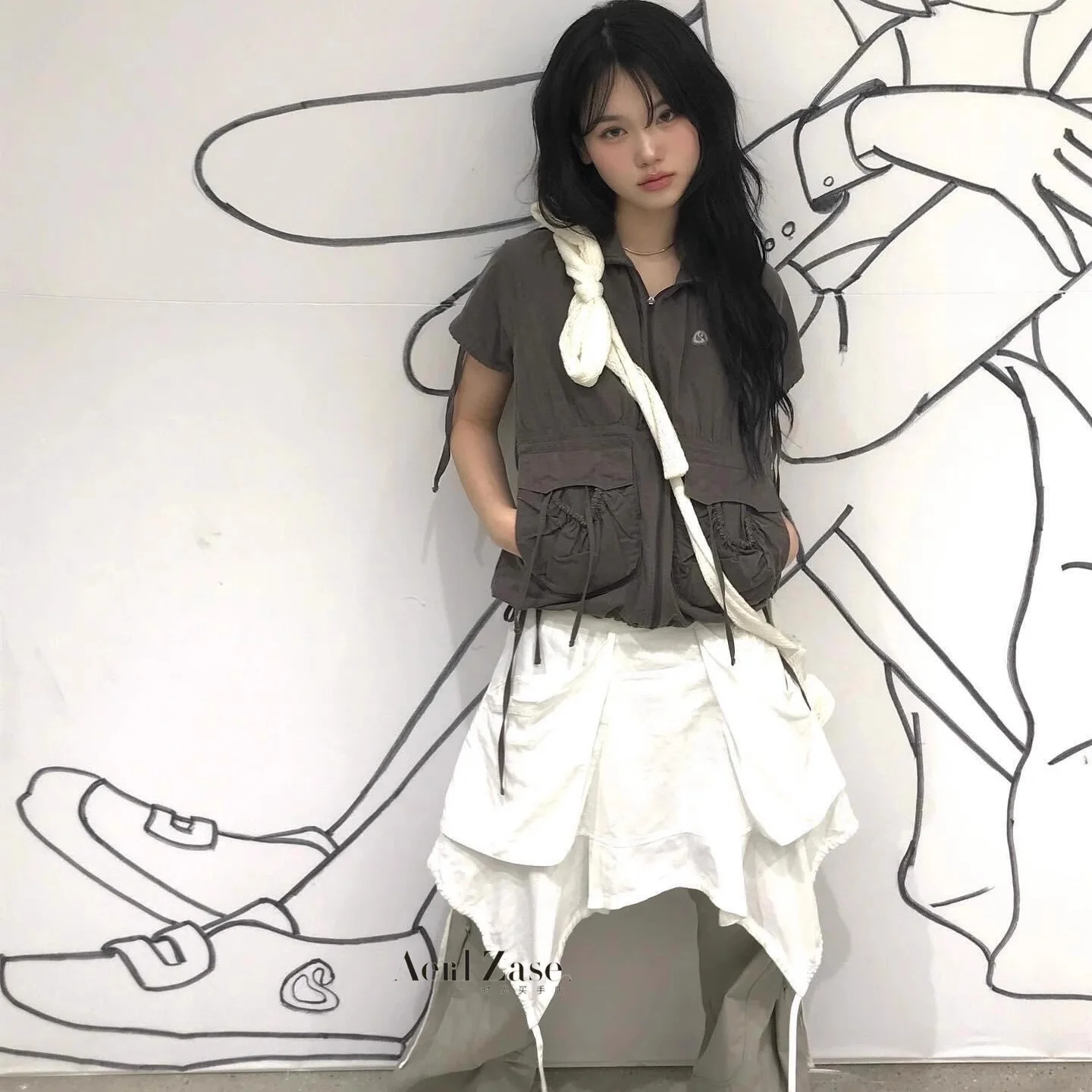 

Coyseio 25 Spring New Jeans Functional Folded Dstring Stand Collar Zip ort Sve Vest Commute Sle Regular Length