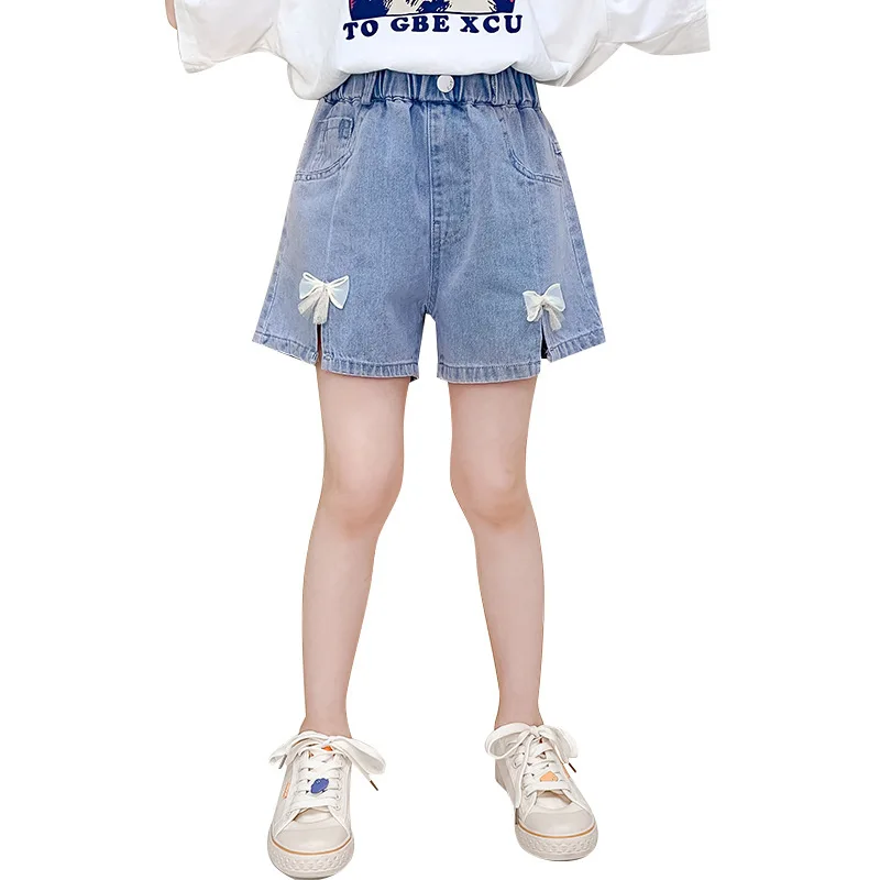 Girls Shorts Thin Jeans Summer New Korean Teenage Kids Loose Bow Denim Shorts Outside Wearing Children Casual Pants 5-14Years