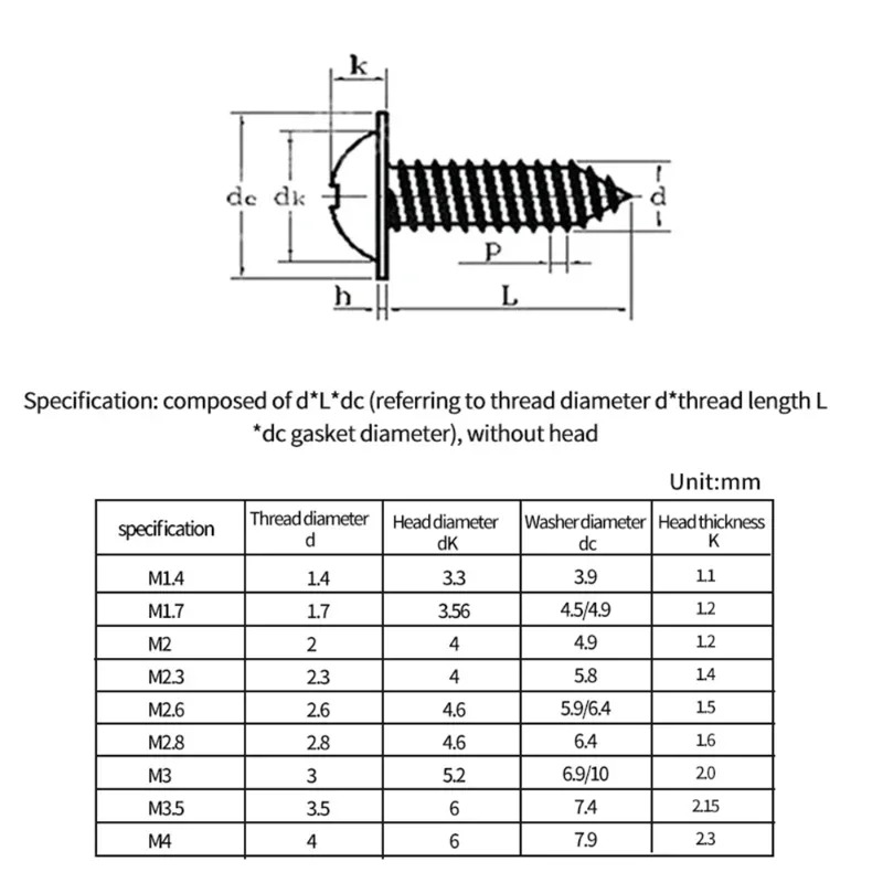 M 1.2 M1.4 M1.7 M2 M2.3 M2.6 M3 M3 M4 Hardware Black Screw PWA Cross Round Head With Cushion Self-tapping Screw Pan Head