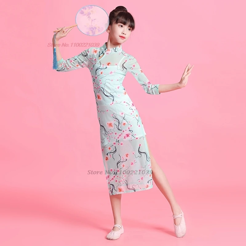 2025 chinese vintage children dance dress flower print qipao cheongsam dress traditional stage performance dance qipao dress