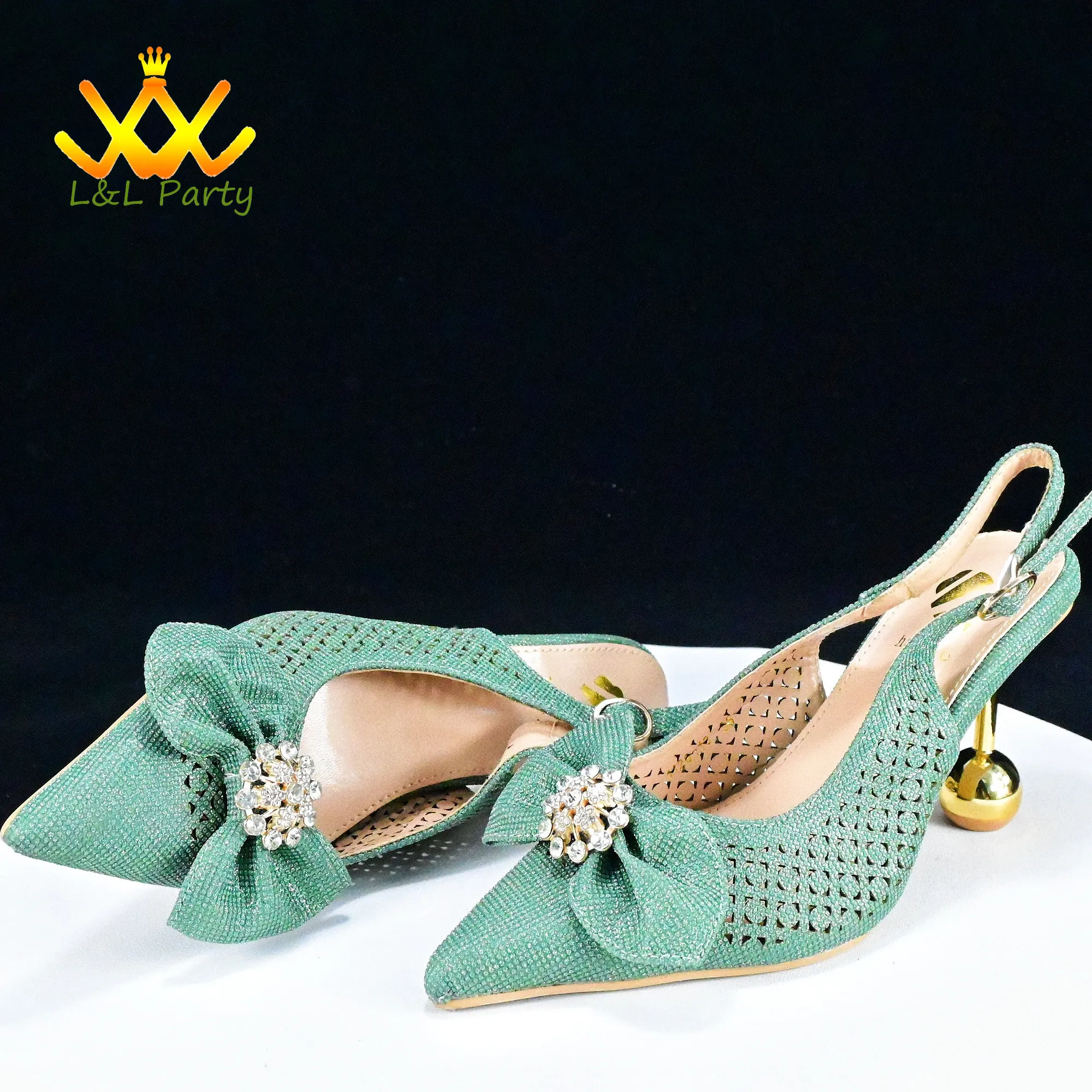 2024 Special Italian Women Design Nigerian Shoes and Bag Set in Green Color Mature Style INS Hot Sale with Crystal for Party