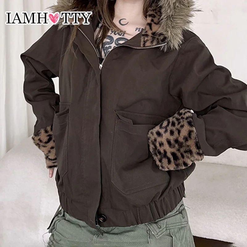 IAMHOTTY Leopard Print Patchwork Jacket Brown Faux Fur Hooded Zipper Thin Coat Fall Winter Grunge Style Cardigan Retro Outerwear