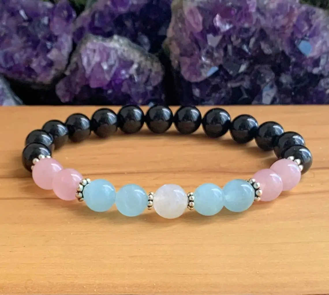 Ruberthen Natural Black Tourmaline Energy Bracelet  Rose Quartz Bracelet Aquamarine New Design Root Chakra Wrist Mala Bracelet