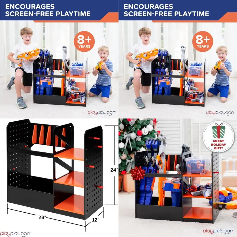

Nerf Gun Wall Rack with Wood Storage, Dart Holder, 6 Gun Slots, and 20 Pegboard Accessories