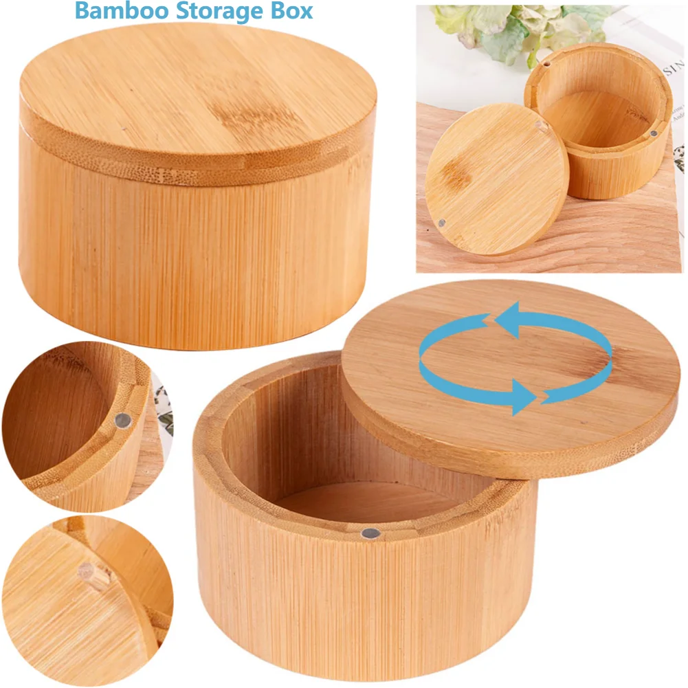 Bamboo Salt Cellar with Magnetic Swivel Lid Round Salt Container Small Spice Box To Store Pepper Spice Bath Salt Sea Salt Herbs