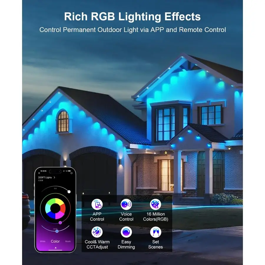 200ft Permanent Outdoor Lights for House, 2025 Smart RGB LED Outside Lights with APP Remote Control, IP67 Waterproof Eternity Ea
