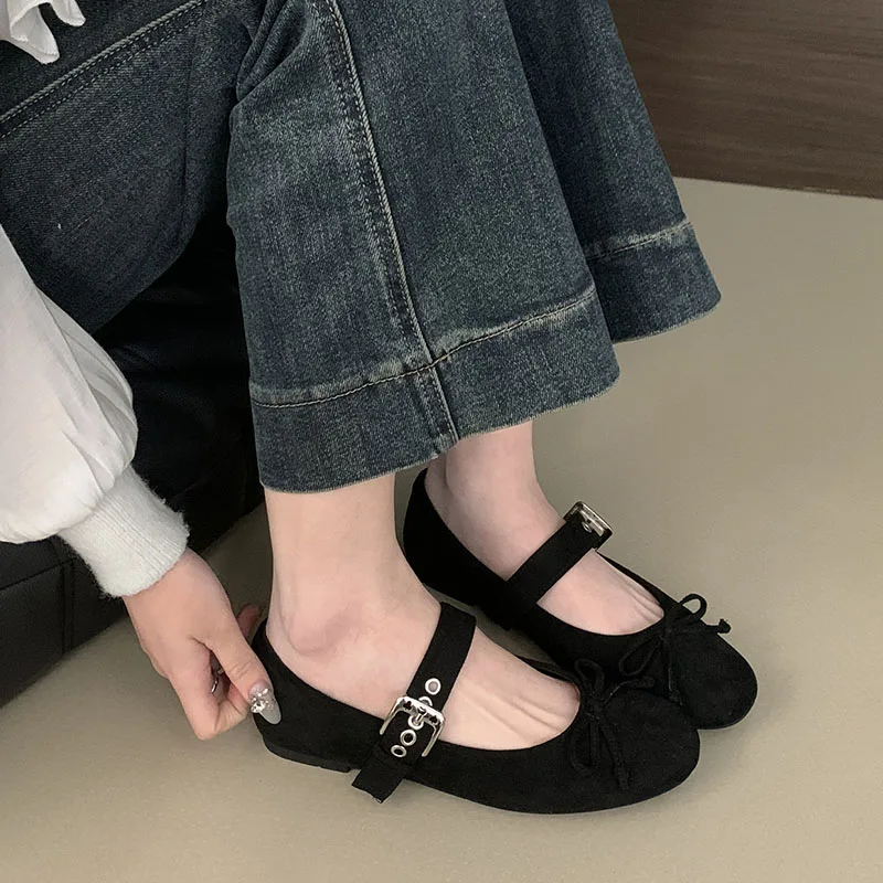 Fashion Round Toe Ladies Flats Mary Janes Shoes Female Butterfly-Knot Shallow Footwear Buckle Strap Women Ballet Flats Shoes