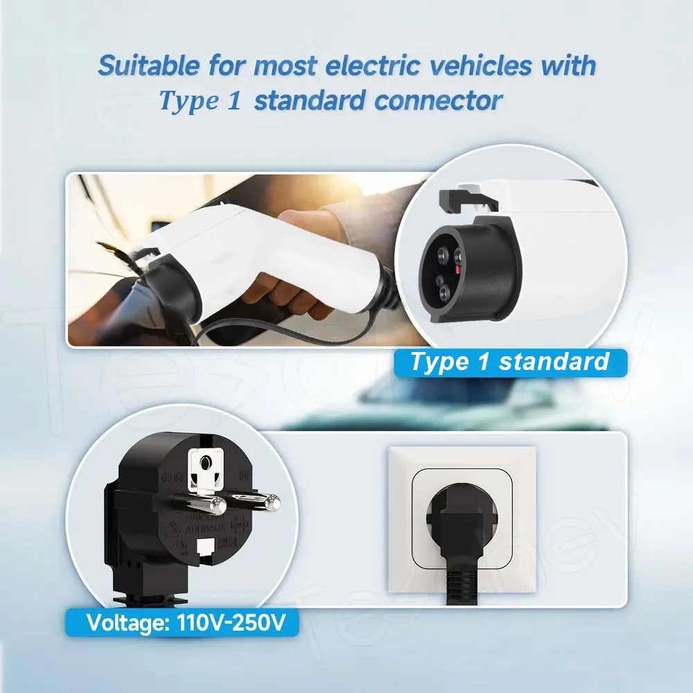 Teschev 3.5KW 16A Caricatore portatile EV Tipo 1 J1772 Caricabatteria per auto elettrica EVSE Stazione di ricarica rapida Wallbox per auto Type1