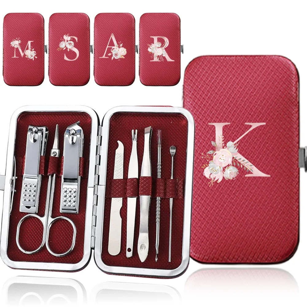 

8Pcs Manicure Set Stainless Steel Nail Clipper Pedicure Care Tool Kit Portable Case Trimmer Organizer Pink Flower Letter Pattern