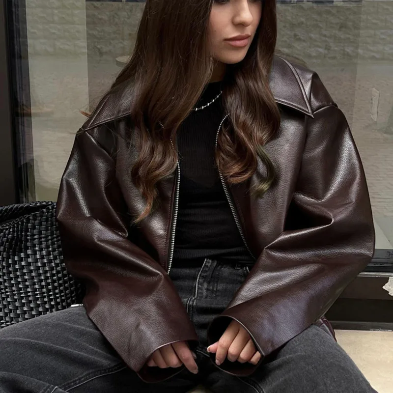 AW25 新しいバイカージャケット女性のためのショートレザースタイルラペル襟シティウォークやデートナイトに最適女性ファッションストリート