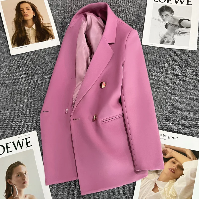 Casual Blazer Double Breasted Suit Jacket for Women Version Pure Color Loose Fashion Suit Jacket Simple Office Lady Tops Korean