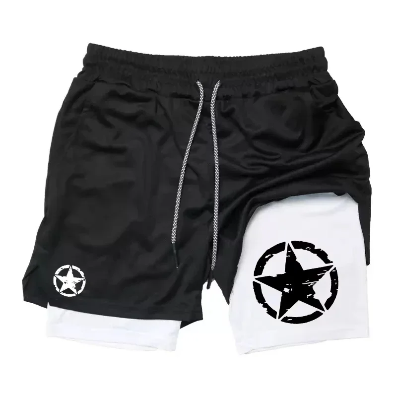 شورت رياضي مضغوط للرجال، شورت ملاكمة مطبوع لكرة السلة والشاطئ واللياقة البدنية، شورت رياضي بطبقة مزدوجة سريع الجفاف