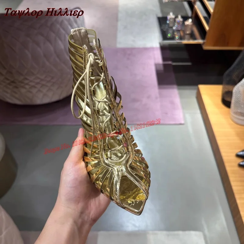 Gold Mirror Roman Sandals Pointed Toe Stiletto Lace-Up High Heels Fashionable Hollow Breathable All-Match Women'S Shoes 43