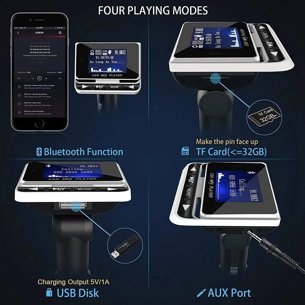 Trasmettitore FM Bluetooth per Auto adattatore per autoradio Wireless Kit Auto vivavoce con telecomando caricatore di supporto per lettore musicale