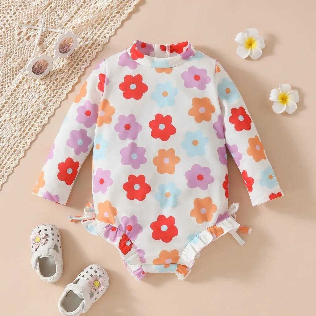 Kid Swimwear Girl Long-Sleeved Zipper Style Flower Print Romper Style Swimwear Summer Fashion Cute Clothes for Toddler 1-4 Years