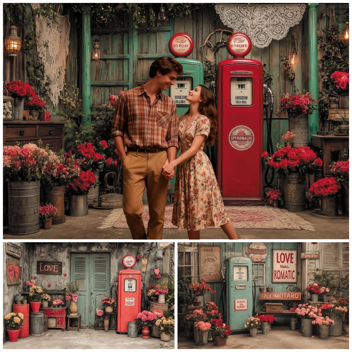 

Valentine's Day Vintage Gas Station Backdrop For Photographs Floral Decor Romantic Couple Photo Studio Background Decorations