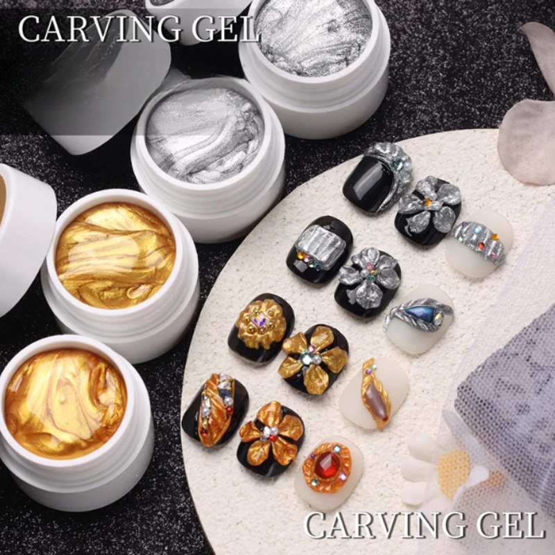4PCS Non Sticky 3D Nail Sculpting Gel Set Solid Hand Metal Carving Modeling Gel with Mirror Powder Kit for Beginners Salon Home