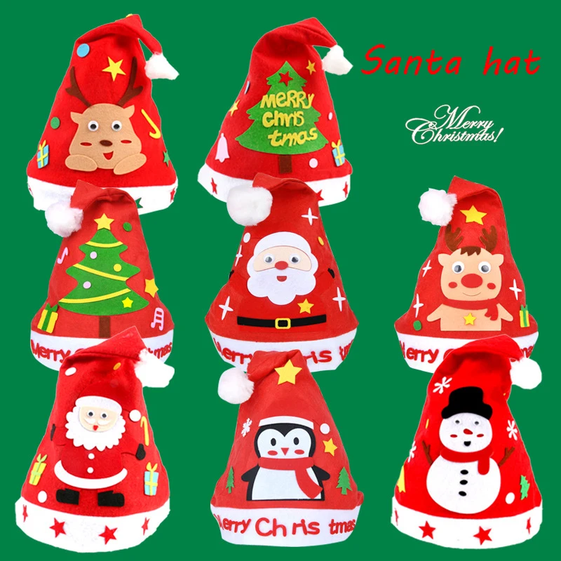 1Pcs Kid Creative DIY Handmade Christmas Hat Craft Kit Cartoon Kindergarten Non-woven Toys Arts Hats Xmas Gifts For Children