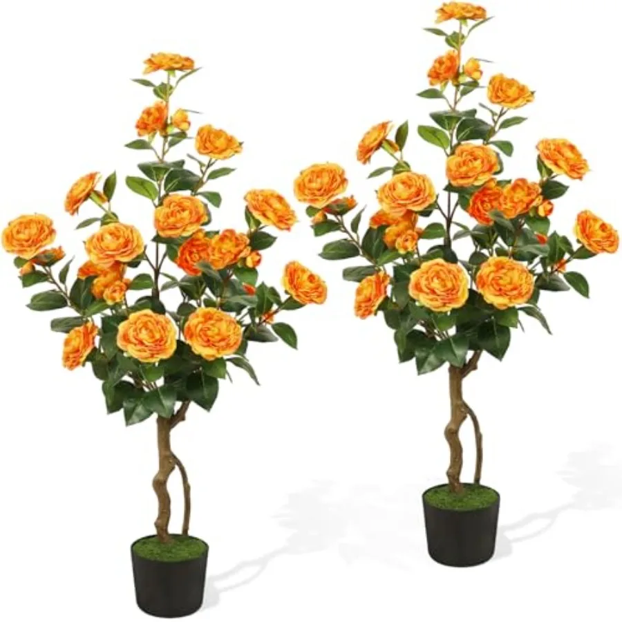 

Artificial Camellia Tree 2 Pack for indoor outdoor home floor office porch decor, plastic and silk, orange, 42'' with 24 bloomi