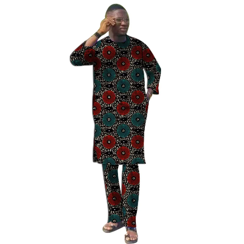 Original Design African Print 3/4 Sleeves Men’s Set Long Shirt Patch Elastic Waist Pants Family Gift Traditional Party Outfits