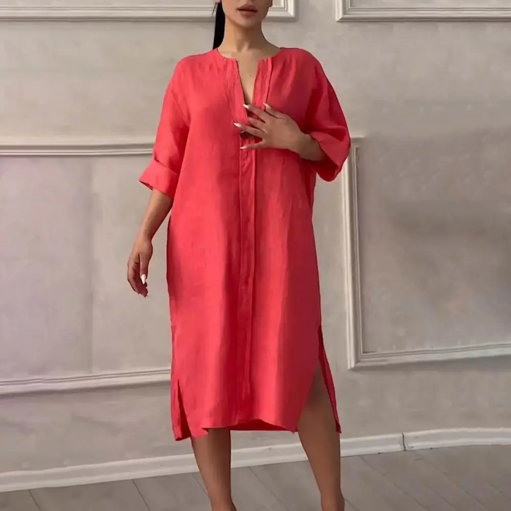 Women V-neck Long Dress Stylish V Neck Midi Dress for Women Elegant Side Split Loose Fit Pure Color Long Sleeves for Wear Loose