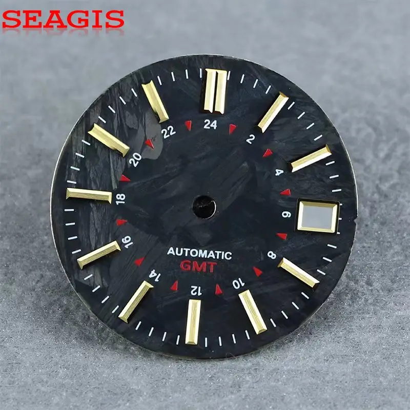 

SEAGIS GMT Циферблат из углеродного волокна Черный циферблат с узором 28,5 мм Циферблат часов GS mod SKX007 без люма для NH34 Механизм Циферблат часов