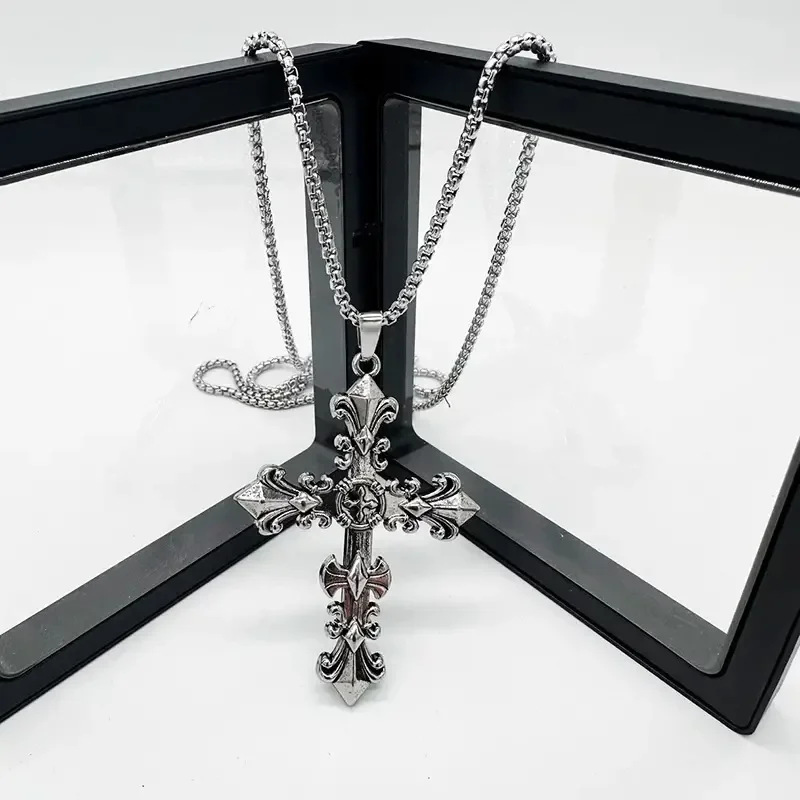 Fashion Metal Chain Necklace Jewelry  for Men Women Unisex Vintage Silver Color Cross Pendant Necklace Punk Gothic Pendant image 3