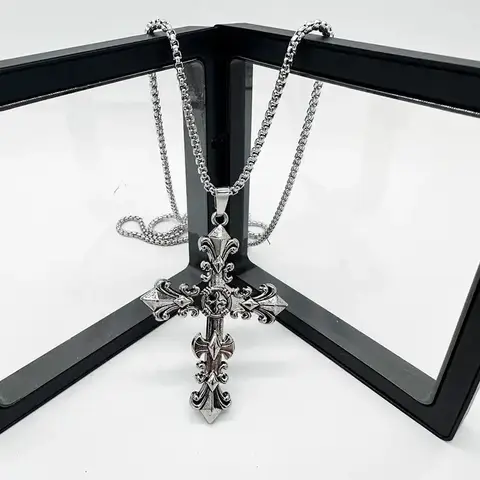 Fashion Metal Chain Necklace Jewelry  for Men Women Unisex Vintage Silver Color Cross Pendant Necklace Punk Gothic Pendant