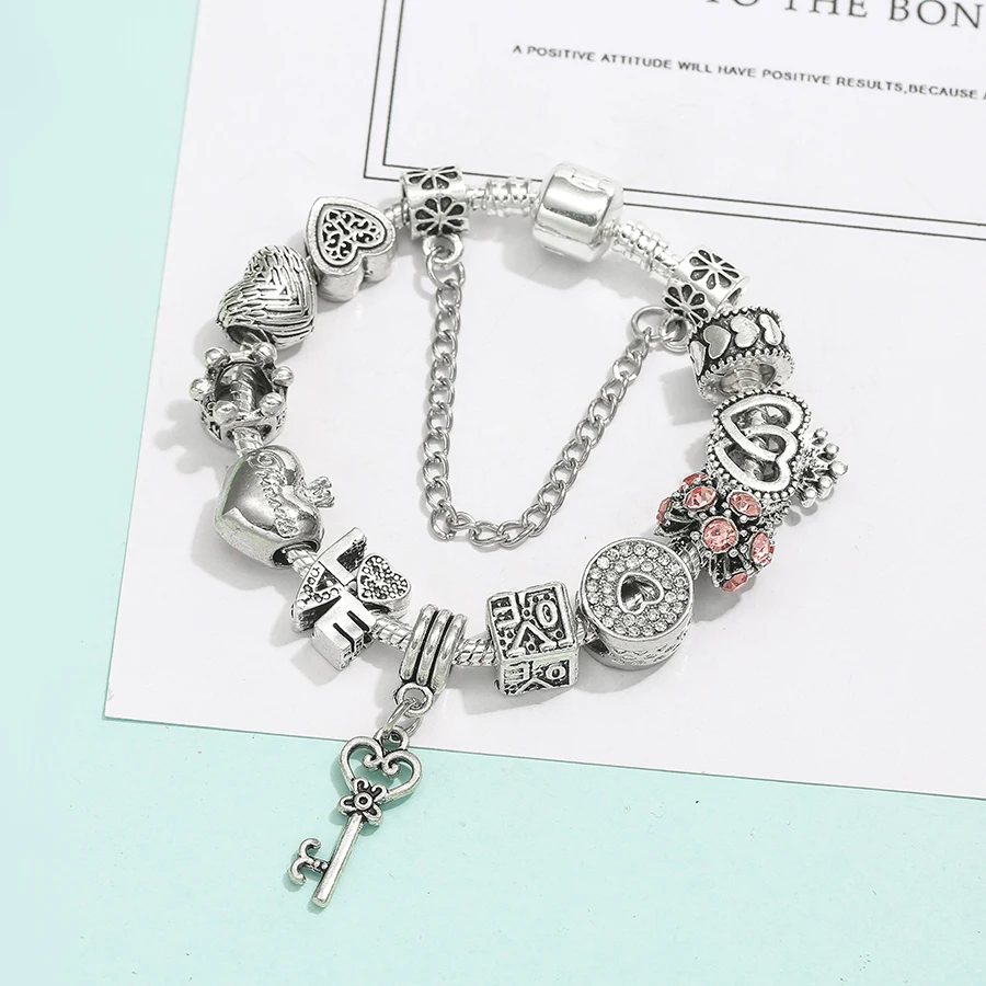 Buipoey Silver Plated Heart Key Pendant Charm Bracelets For Women Original Girls Princess Crown Beaded Bracelet Wife Jewelry