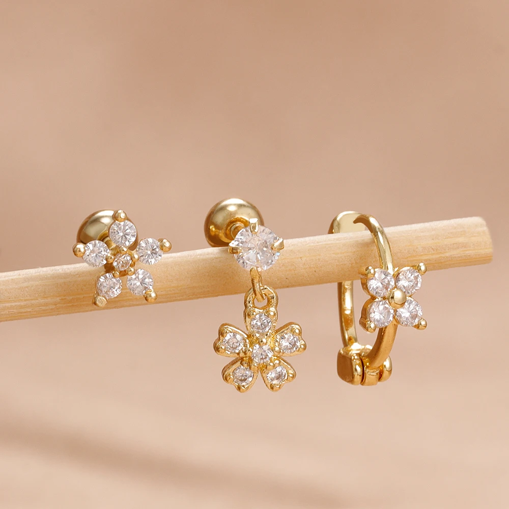 جديد وصول الفولاذ المقاوم للصدأ زهرة الزركون الغضروف ثقب طقم من الحلقان للنساء 14K مطلية بالذهب قرط الاذن المرصع مجوهرات فاخرة